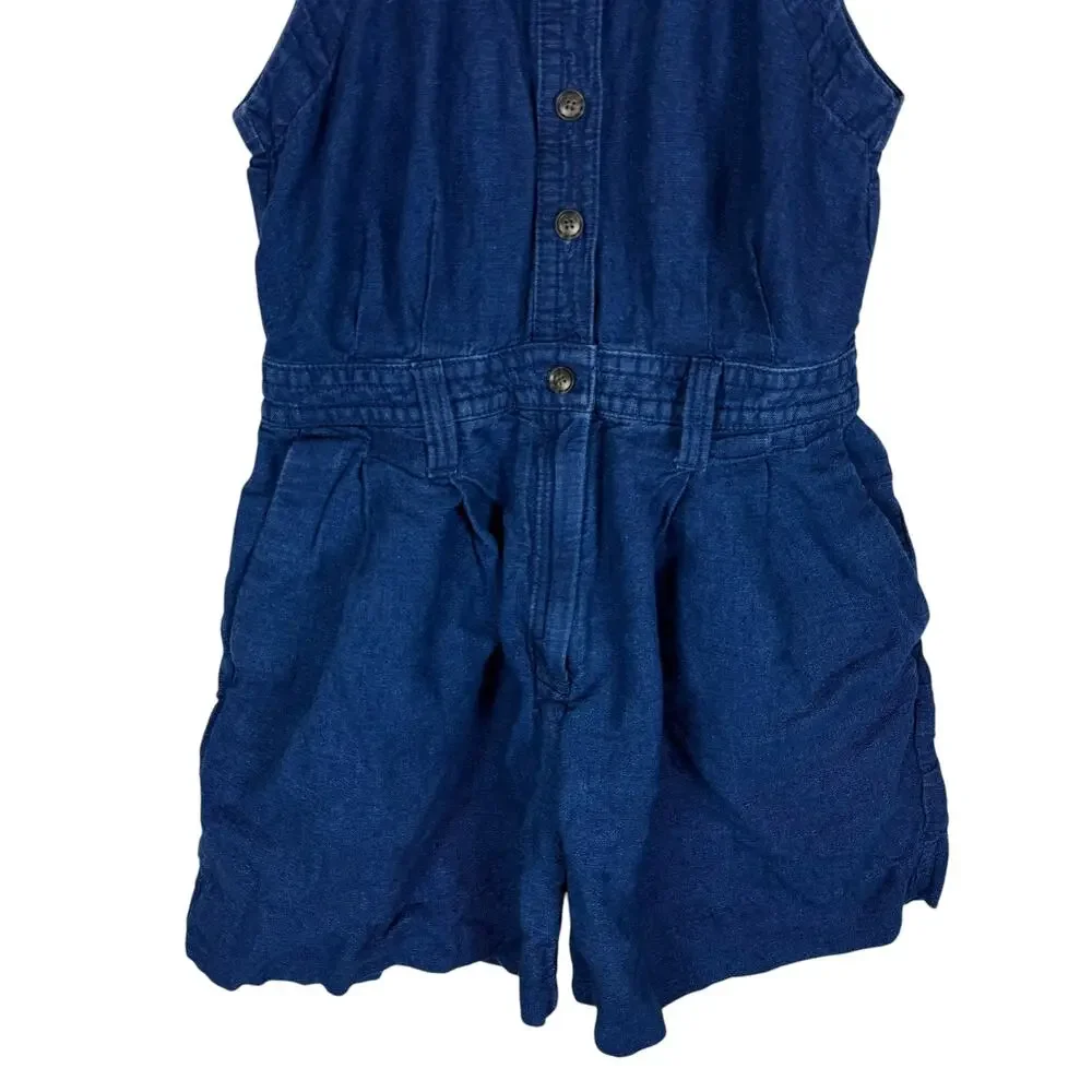 Banana Republic Camp Romper Womens 2 Petite Blue Linen Button Front Tie Waist‎